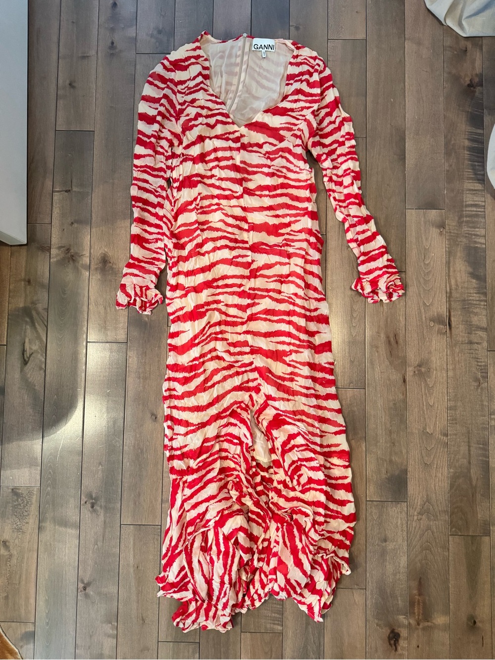 Ganni Red tigerPrint Ruffled Maxi Dress